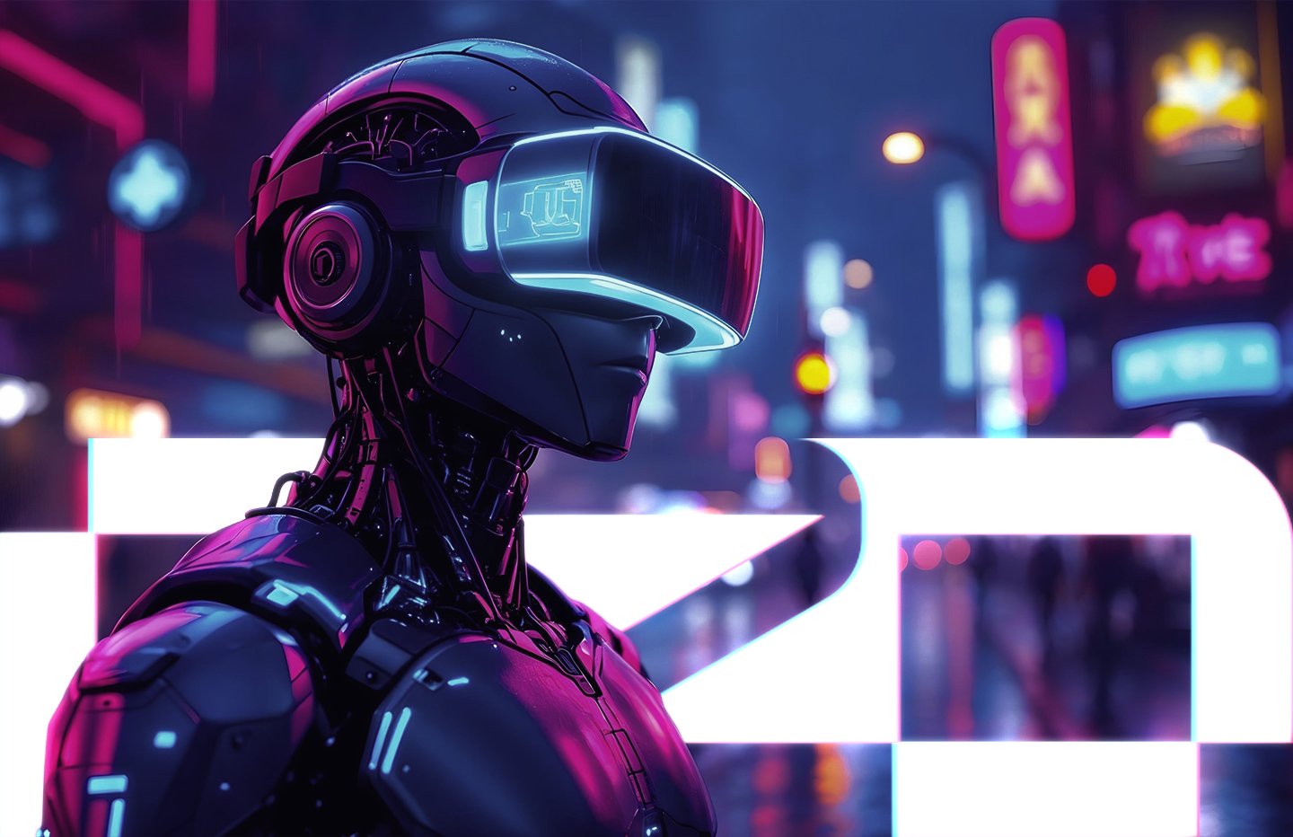Futuristic robot with VR headset in neon cityscape – Best IT Solutions Company in Dubai