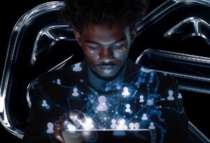 Man interacting with a glowing network of people icons on a tablet, representing an IT Solution Company in Dubai